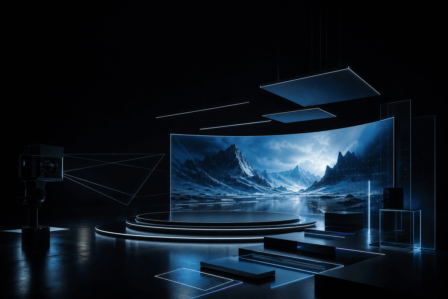 A virtual production camera facing a curved LED stage in a dark previsualisation studio